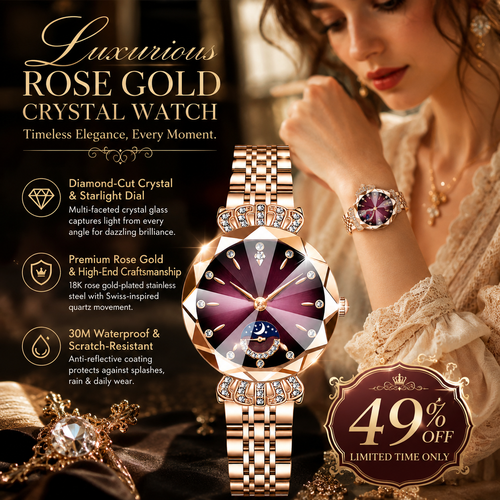 👑 Luxurious Rose Gold Crystal Quartz Watch – Diamond Cut Vintage Wristwatch✨