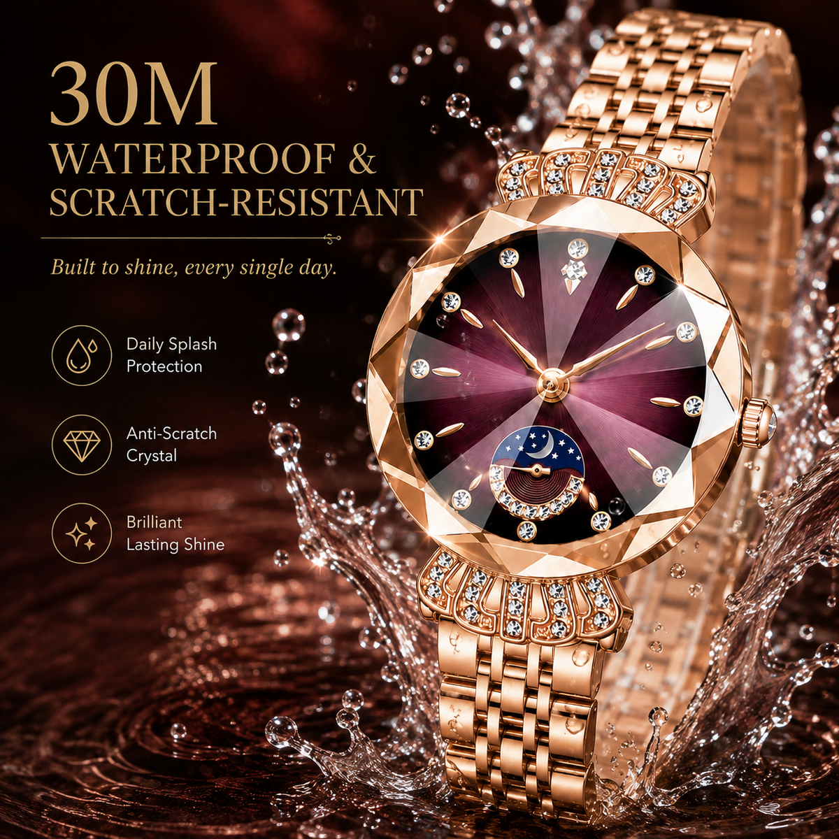 👑 Luxurious Rose Gold Crystal Quartz Watch – Diamond Cut Vintage Wristwatch✨