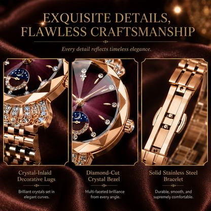 👑 Luxurious Rose Gold Crystal Quartz Watch – Diamond Cut Vintage Wristwatch✨