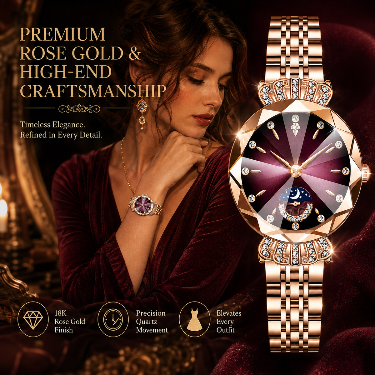 👑 Luxurious Rose Gold Crystal Quartz Watch – Diamond Cut Vintage Wristwatch✨