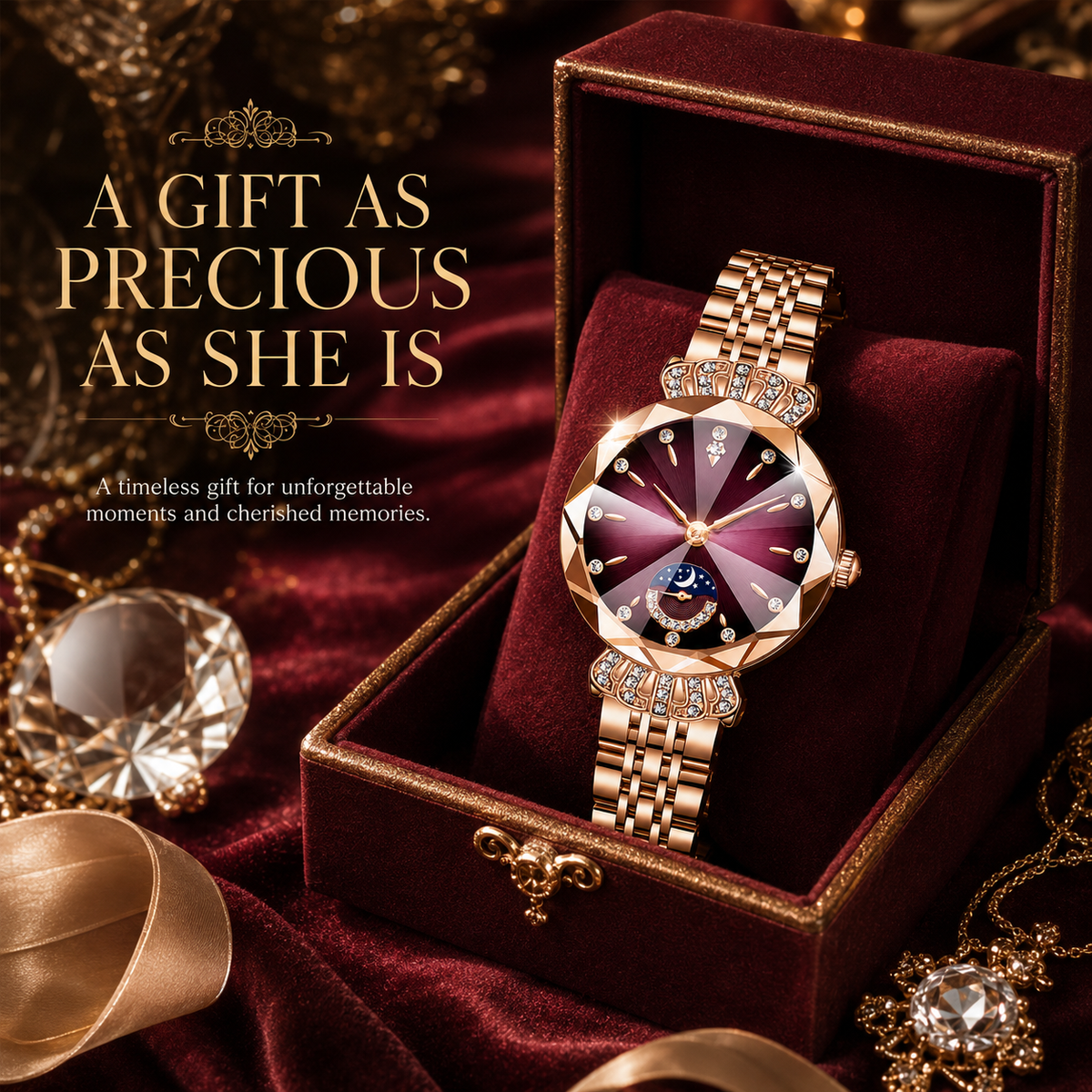 👑 Luxurious Rose Gold Crystal Quartz Watch – Diamond Cut Vintage Wristwatch✨