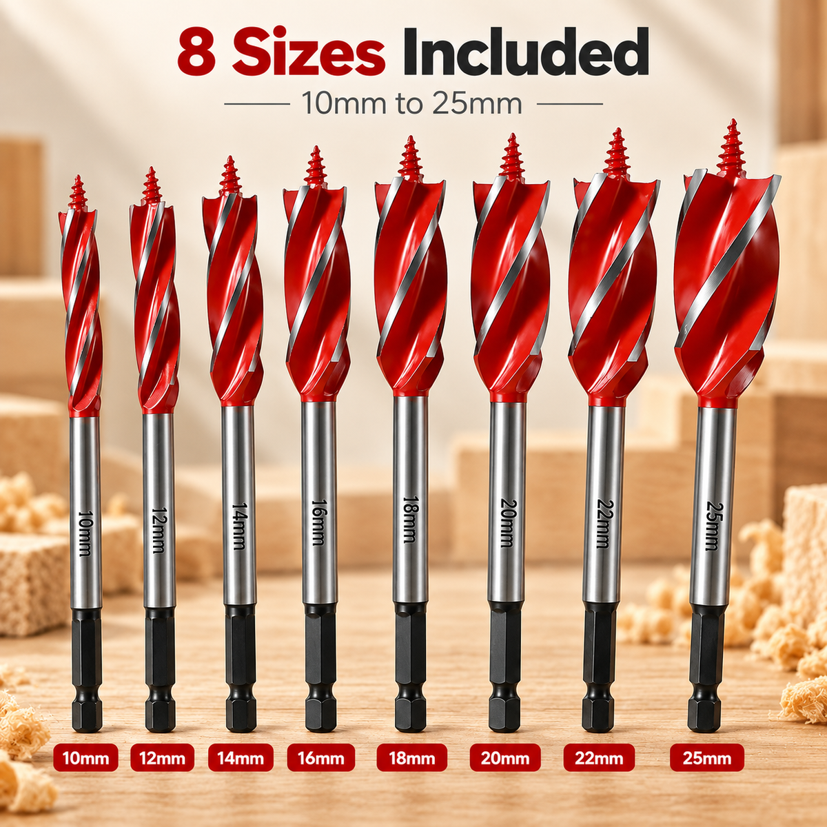 💯🔥10–25mm 8PCS Complete Wood Drilling Set: Heavy-Duty Fluted Bits & Versatile Drilling