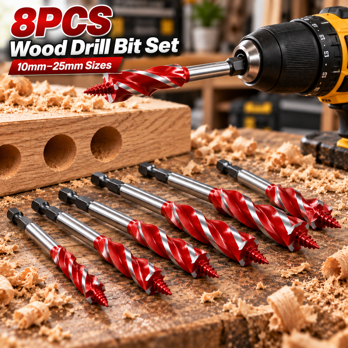 💯🔥10–25mm 8PCS Complete Wood Drilling Set: Heavy-Duty Fluted Bits & Versatile Drilling