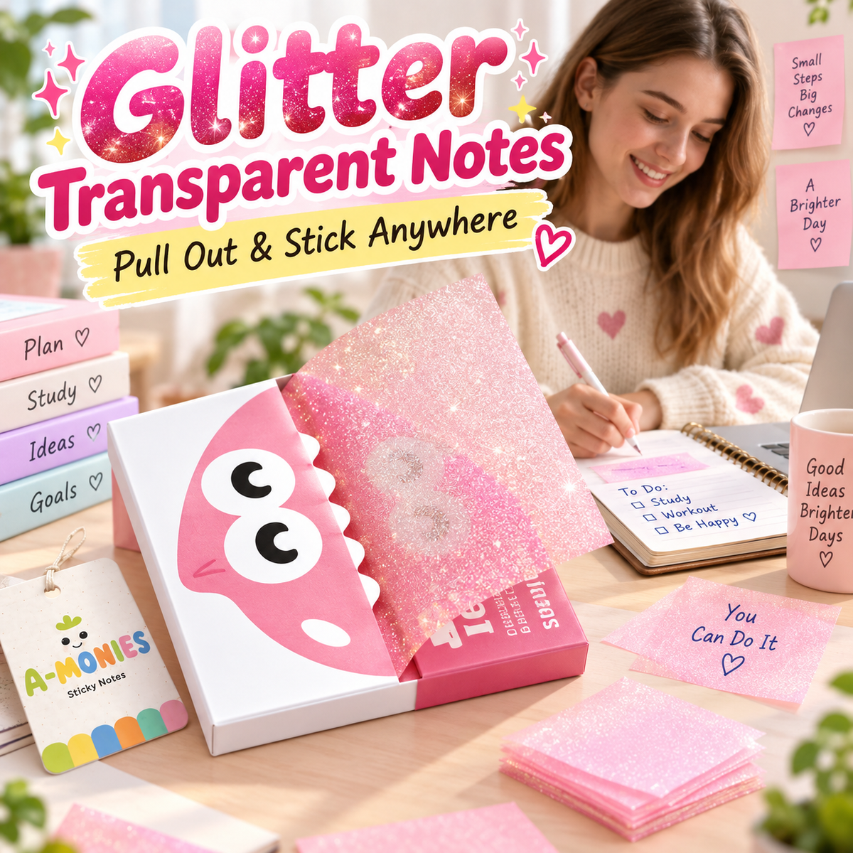 ✨ Glitter Transparent Pull-Out Sticky Notes - Stylish Aesthetic Memo Pads & Easy-to-Write