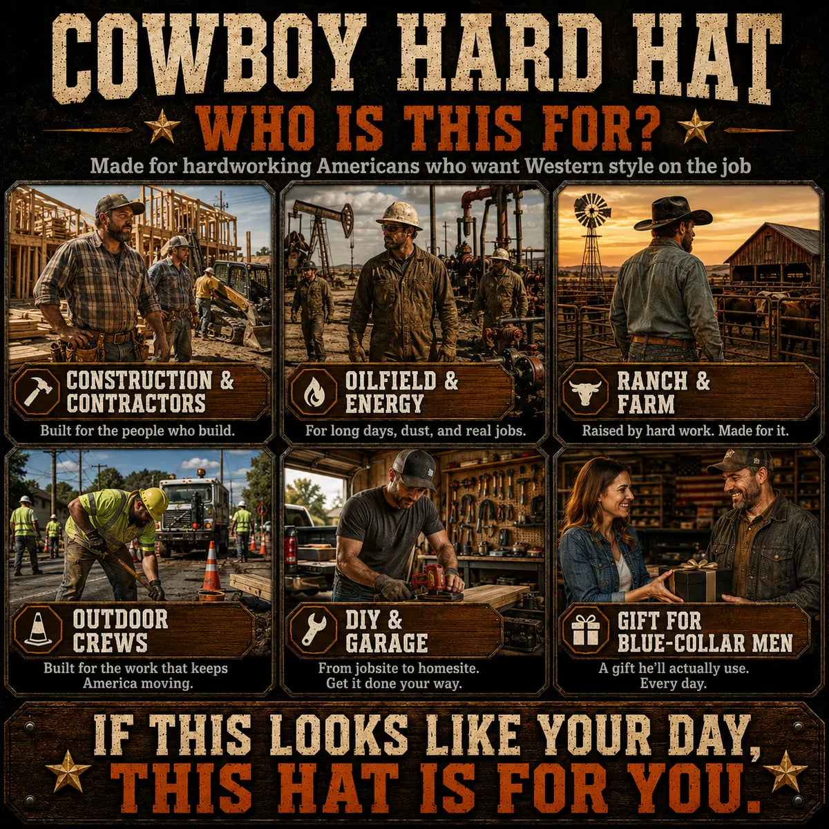 Cowboy Hard Hat for Men Western Style Work Helmet