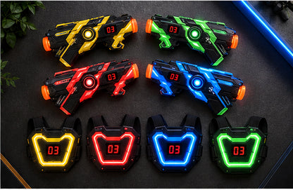 Four-player infrared toy blasters and chest targets