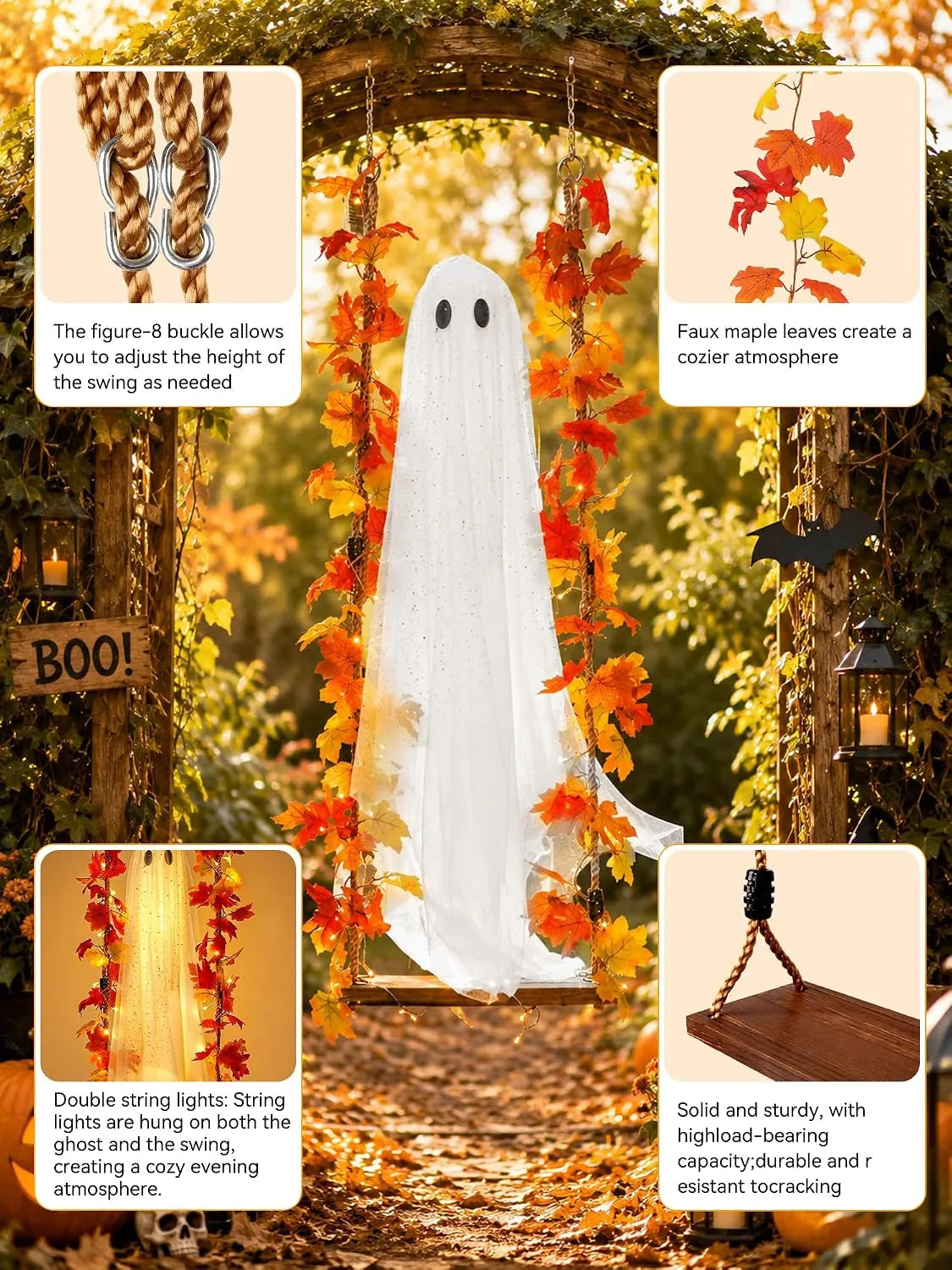 Halloween Decorations Hanging Ghost Decor with a Maple Leaf Swing Ghost Light - 9