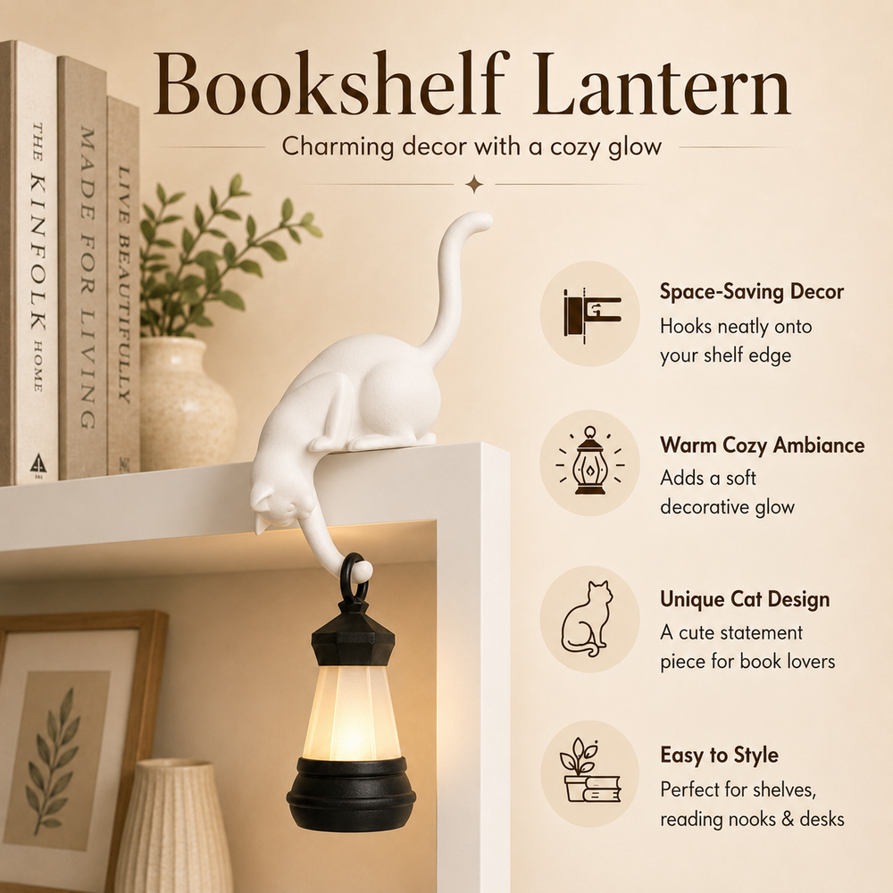 Hanging cat bookshelf lantern with illustrated key features