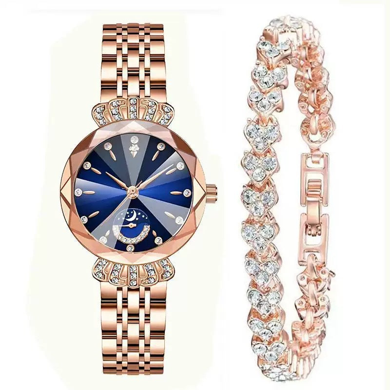 👑 Luxurious Rose Gold Crystal Quartz Watch – Diamond Cut Vintage Wristwatch✨