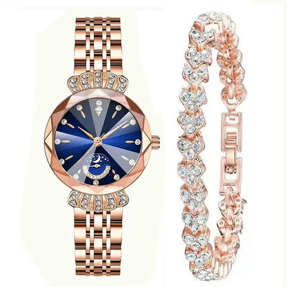 👑 Luxurious Rose Gold Crystal Quartz Watch – Diamond Cut Vintage Wristwatch✨
