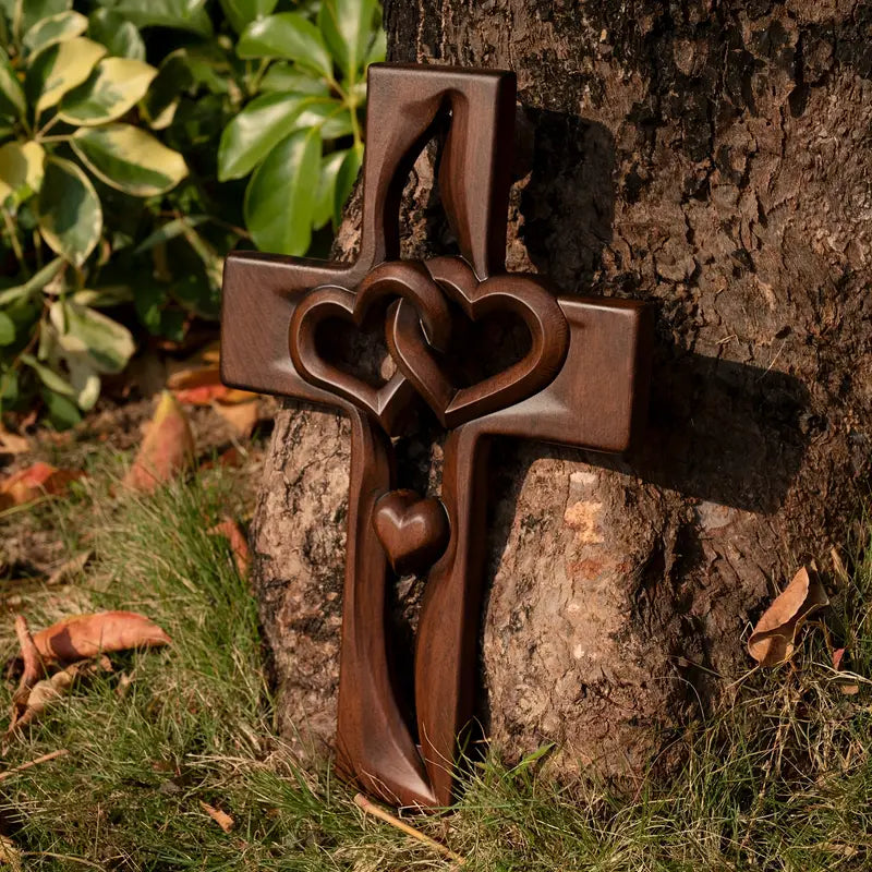 ✝️ Handcrafted & Blessed Intertwined Hearts Wooden Cross – Spiritual Unity & Love 🔥