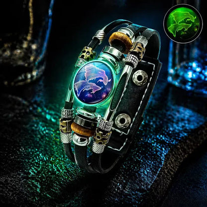 💥Last-day sale – 50% off ☪️Glow-in-the-dark leather zodiac sign bracelet for men and women (6.9/8.1 inches)♑️