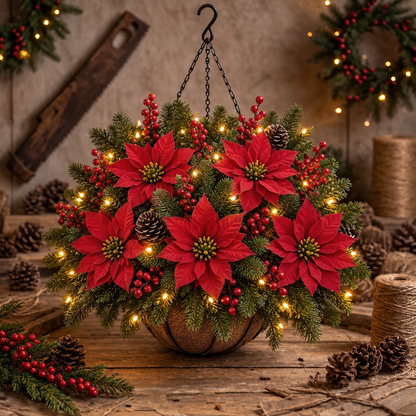 🎄Pre-Lit Artificial Christmas Decorative Basket: Festive Holiday Decor & Evergreen Style