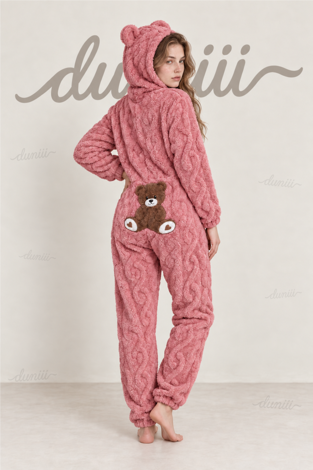 Women's Teddy Bear Hooded Plush Pajama Jumpsuit - Hooded & Cozy Warmth