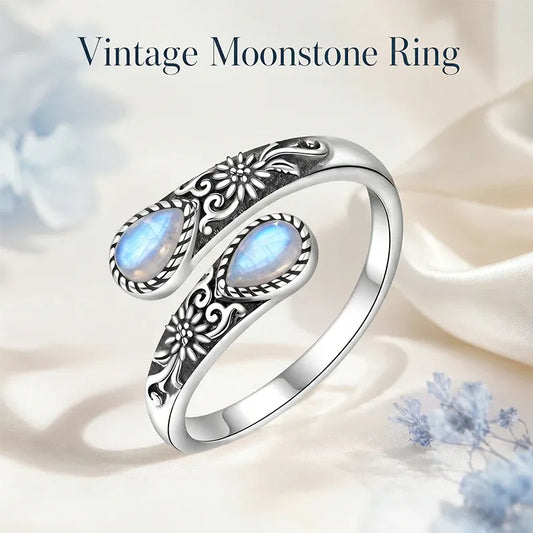 Timeless Beauty Moonstone Bloom Ring | Vintage Style • Adjustable Fit