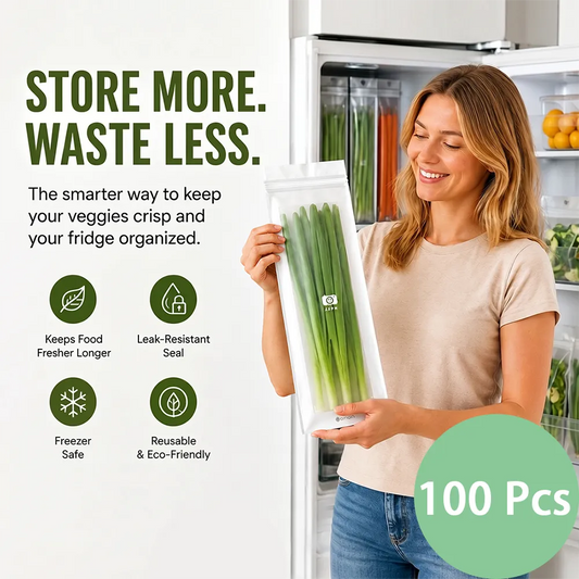 🥬 Reusable Long Food Storage Bags, Double-Zip Seal Freshness Bags for Kitchen