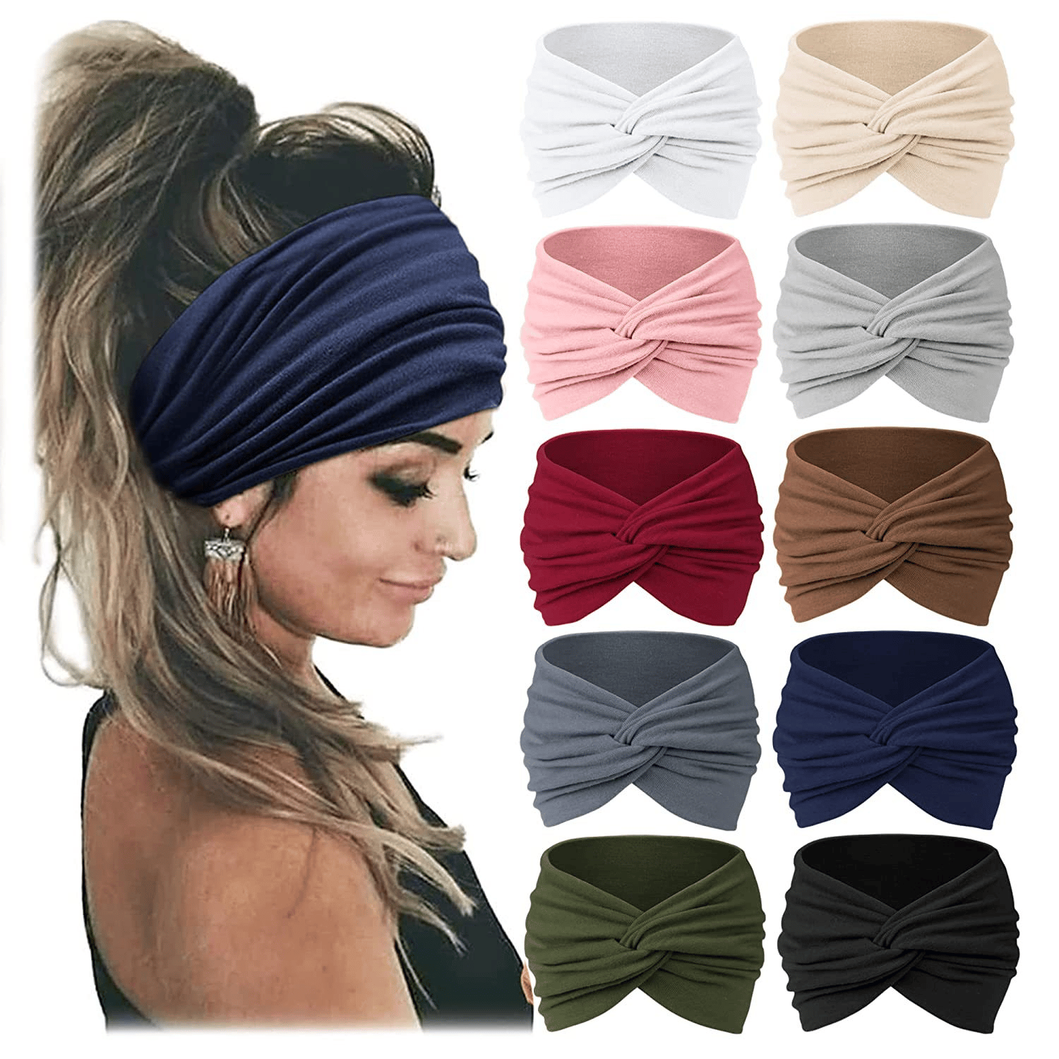 10 Pack Wide Knotted Turban Headbands for Women