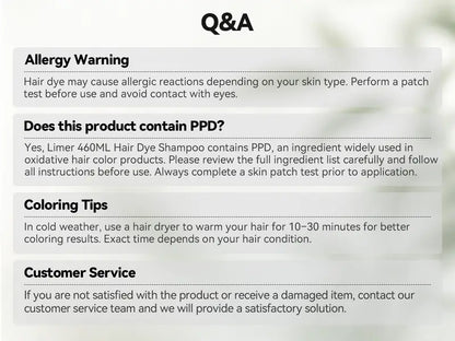 Limer 6-in-1 Multicolor Hair Dye Shampoo - 460ml Herbal, Ammonia-Free, Semi-Permanent, No Bleach Formula with Black Currant Leaf Extract for Adults, Anti-Aging Gray Hair Coverage, 48-Hour Patch Test Required At-Home Haircare