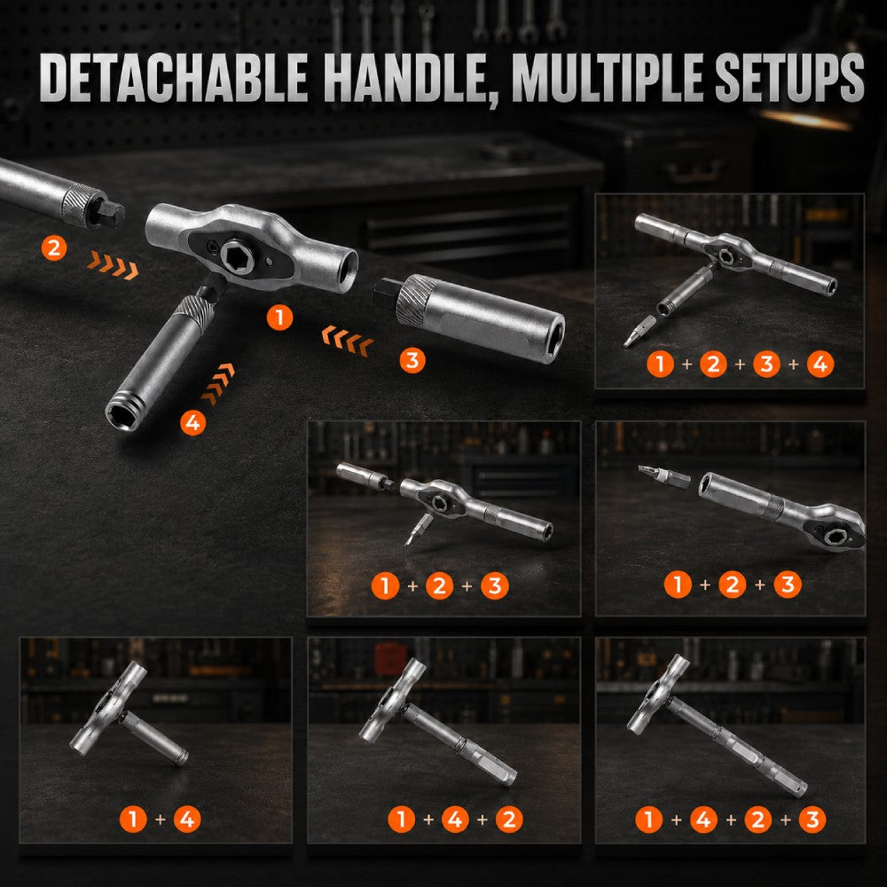 Compact Ratcheting MultiTool Set – S2 Steel Bits, T-Handle & Magnetic Tips