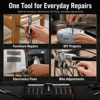 Compact Ratcheting MultiTool Set – S2 Steel Bits, T-Handle & Magnetic Tips