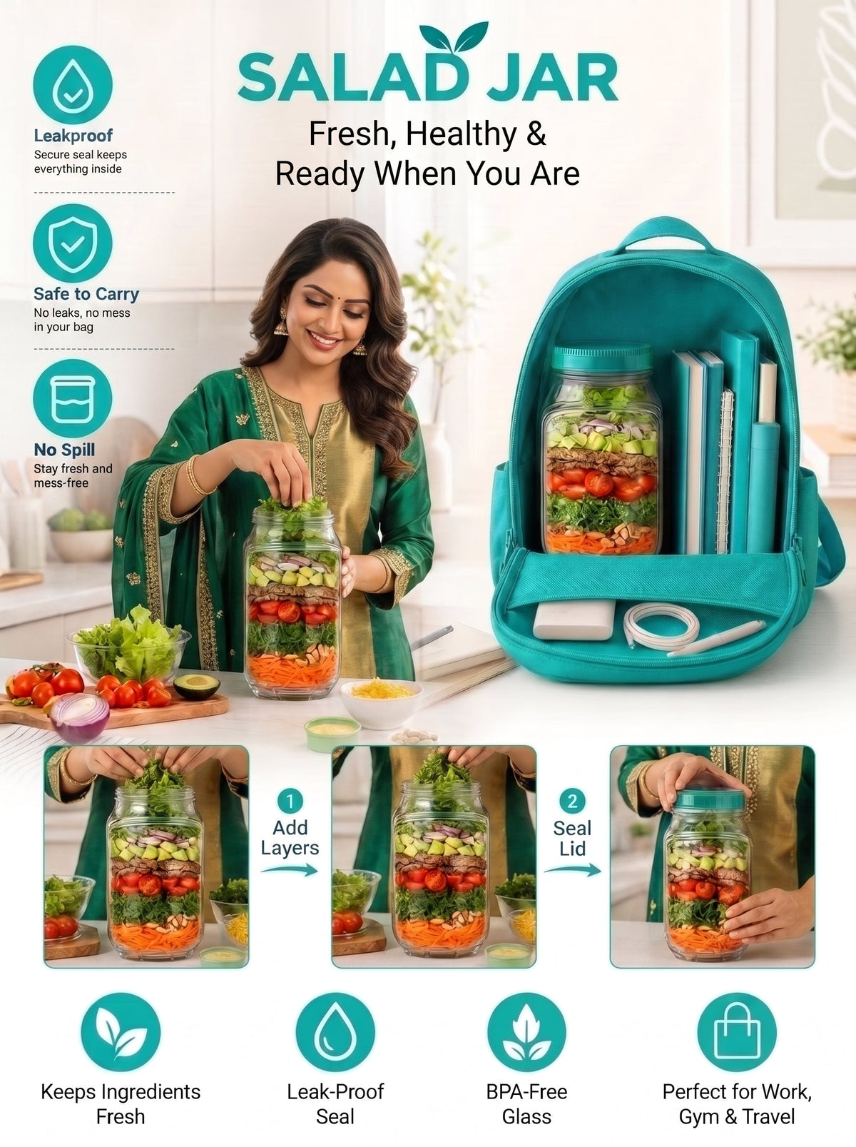 Portable Salad Jar: Leakproof Design & Separate Dressing Cup