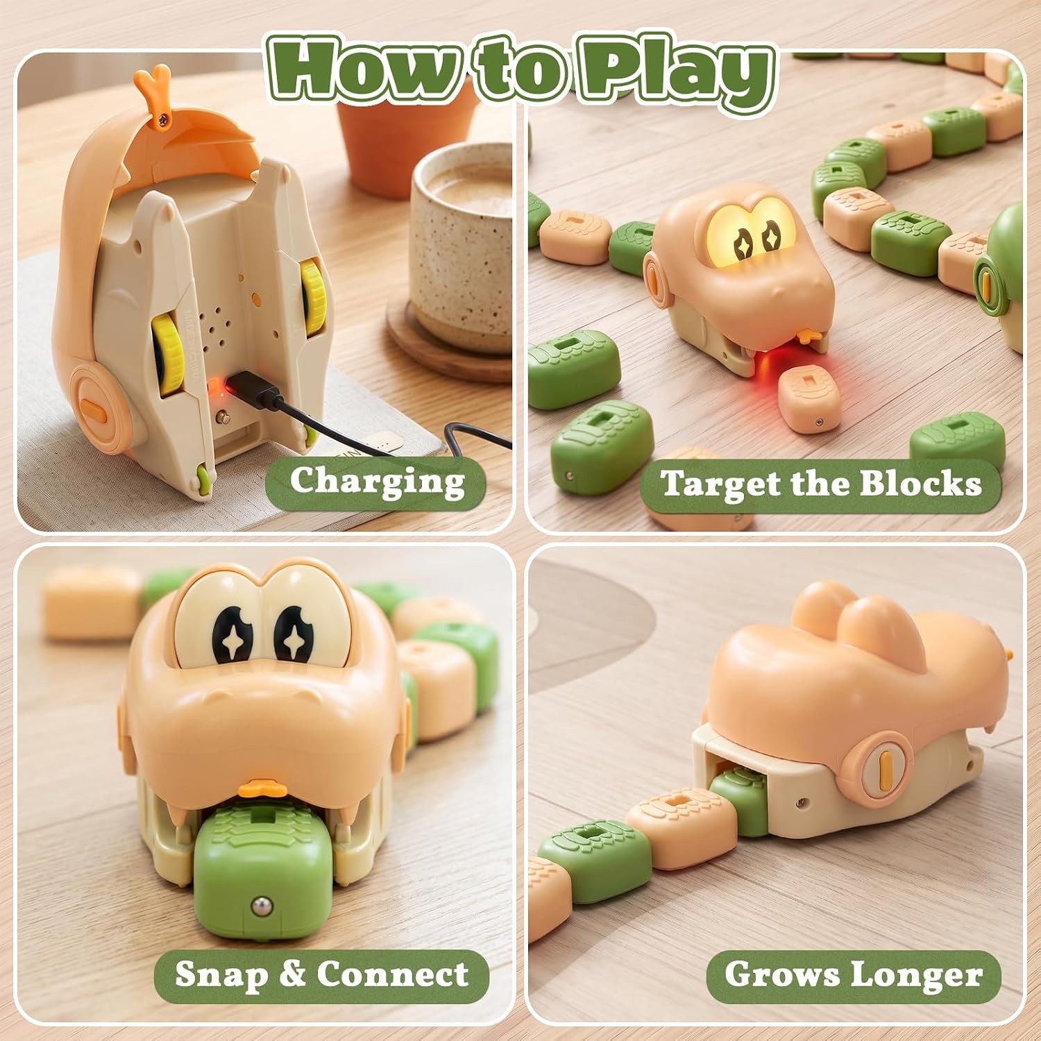 Four-step tutorial showing how the snake toy grows