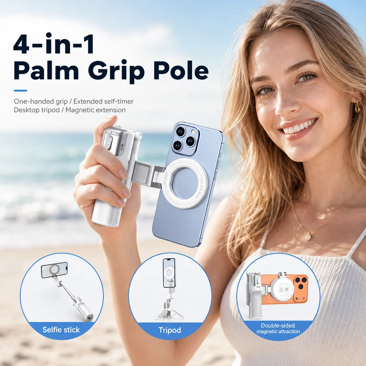 📸 Phone Zoomable Magnetic Palm Grip:  Secure Hold, Selfie Stick & Tripod