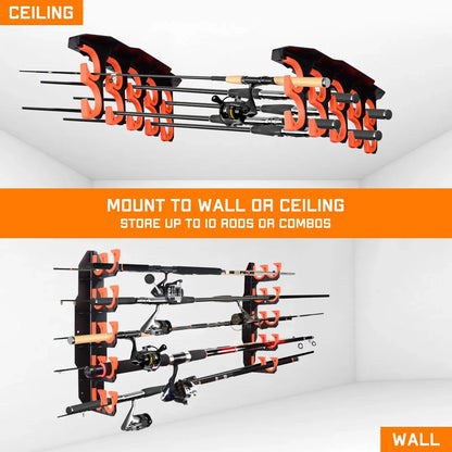Heavy-Duty 10-Rod Garage Fishing Pole Holder – Wall & Ceiling Mount Organizer