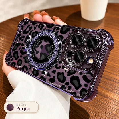 Stylish Leopard Print Silicone Phone Case: Built-In 360° Stand & Camera Protection