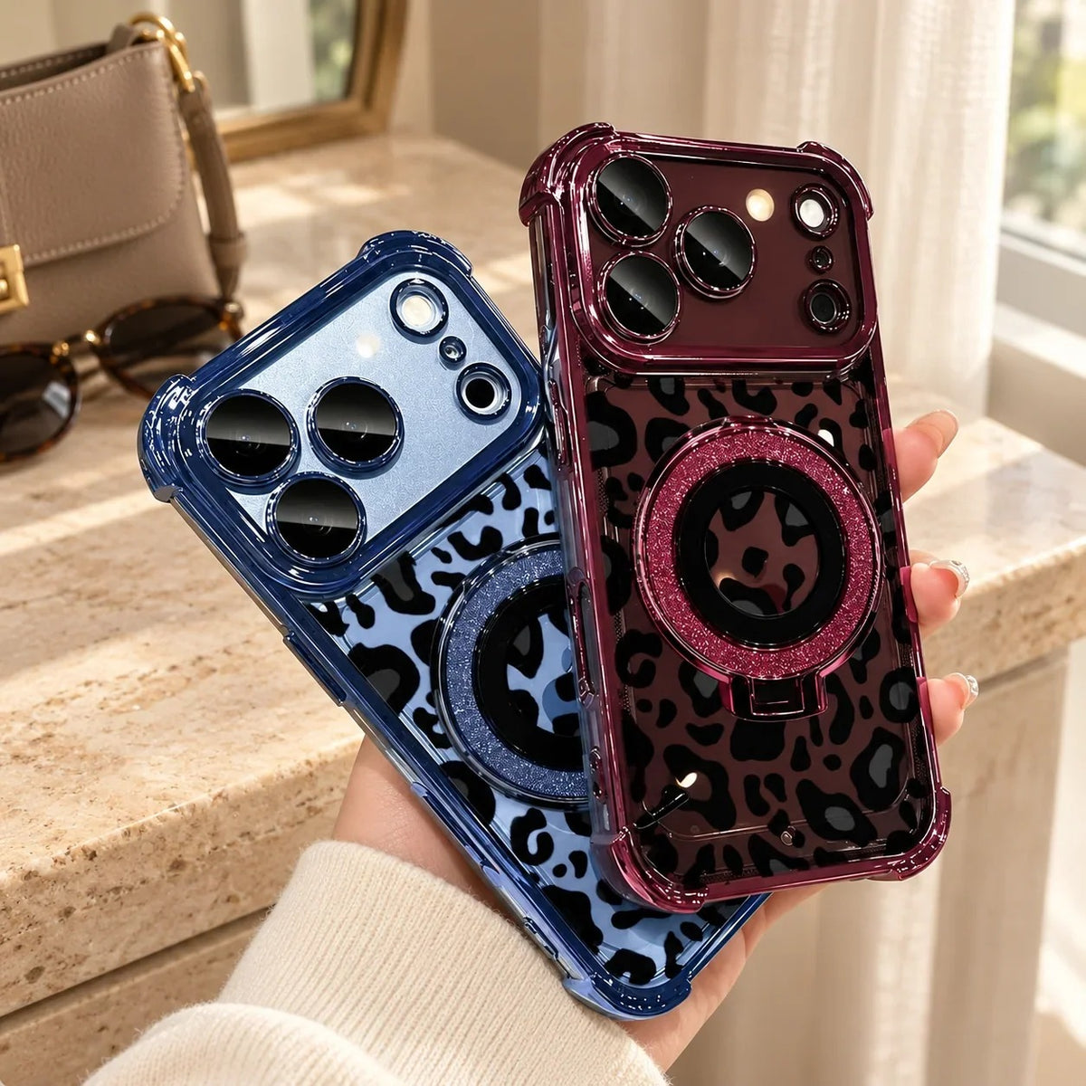 Stylish Leopard Print Silicone Phone Case: Built-In 360° Stand & Camera Protection