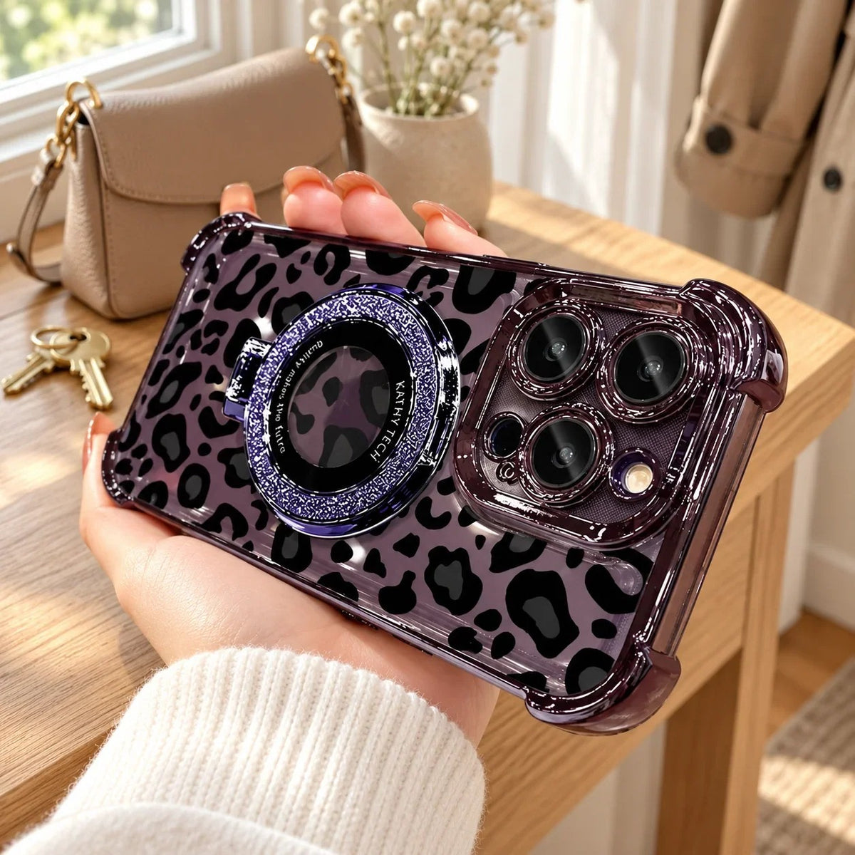 Stylish Leopard Print Silicone Phone Case: Built-In 360° Stand & Camera Protection
