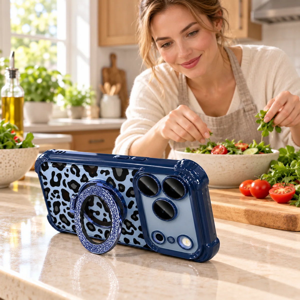 Stylish Leopard Print Silicone Phone Case: Built-In 360° Stand & Camera Protection