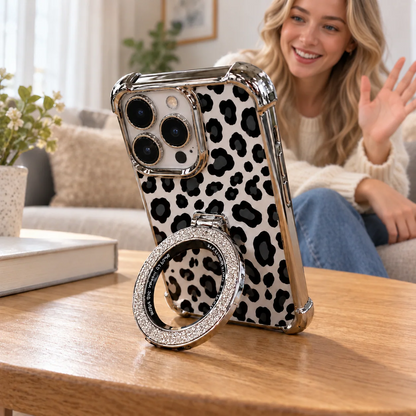 Stylish Leopard Print Silicone Phone Case: Built-In 360° Stand & Camera Protection