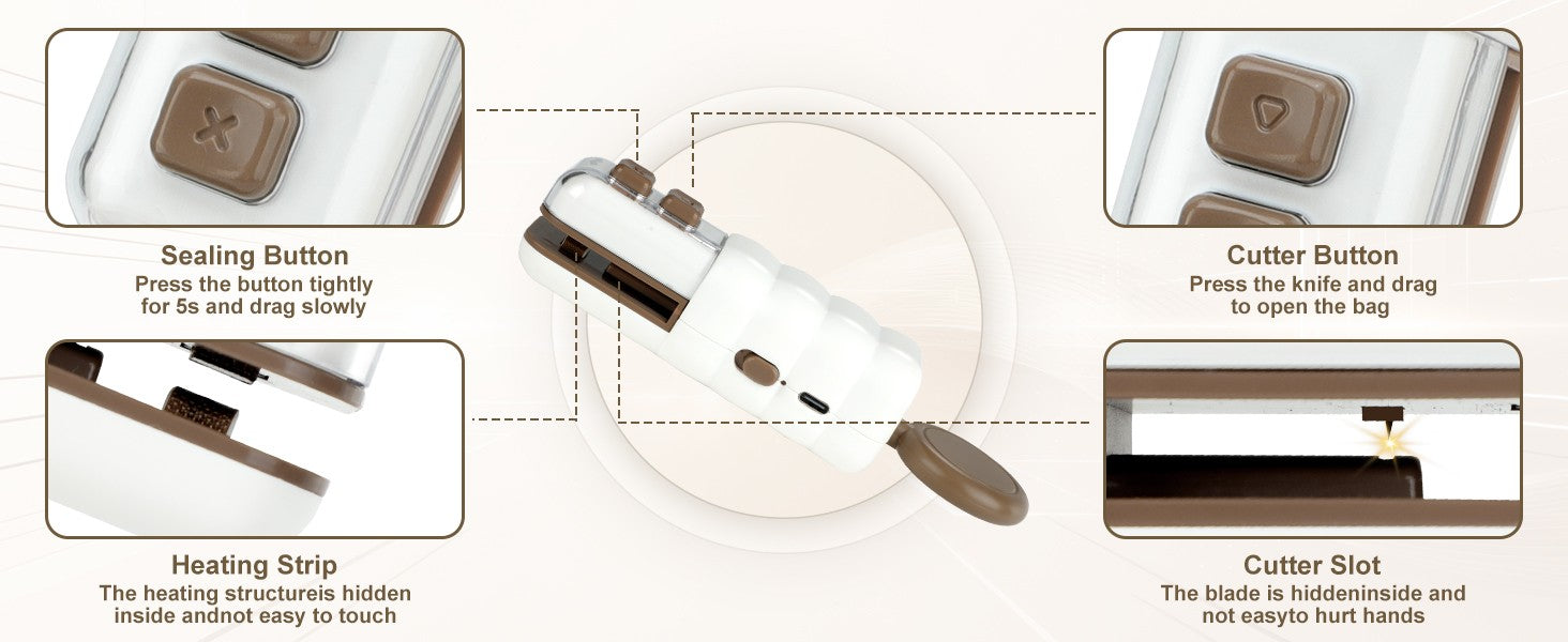 Mini sealer sealing button cutter button and heating strip