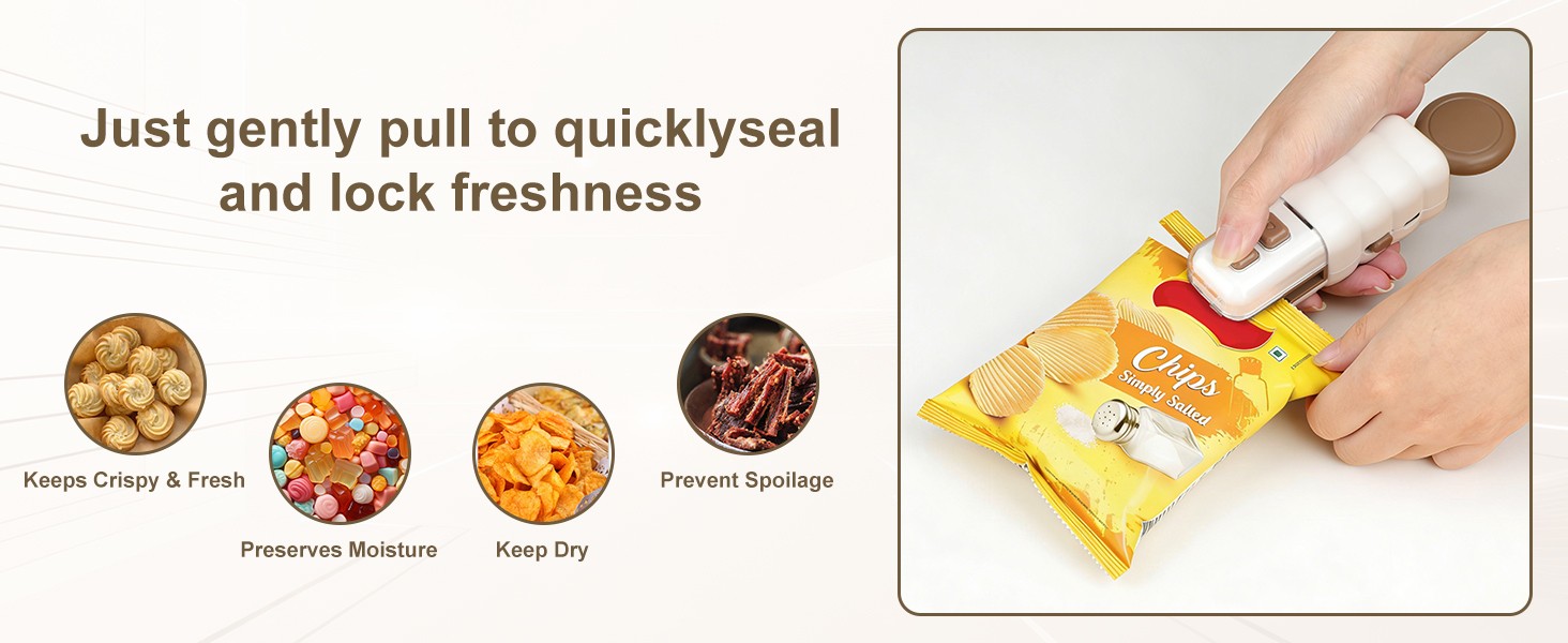 Handheld electric sealer resealing a snack bag