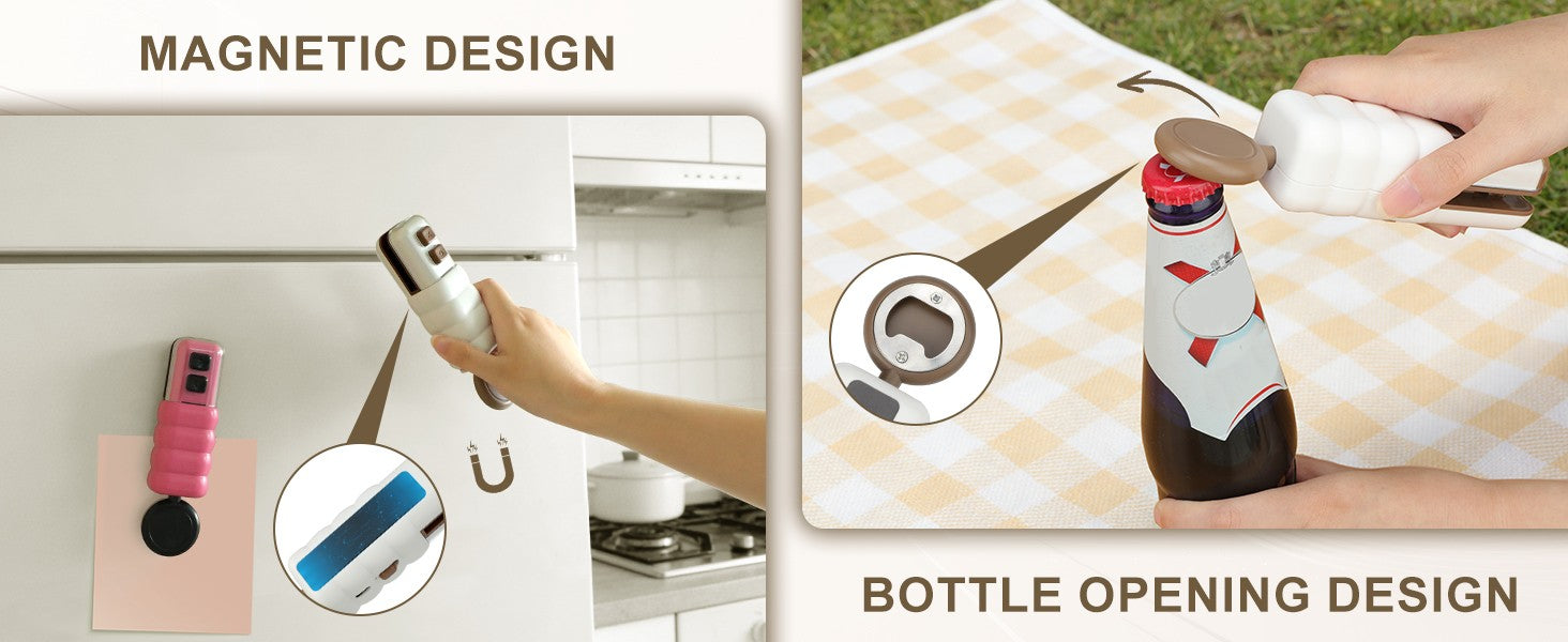 Magnetic bag sealer storage and built in bottle opener