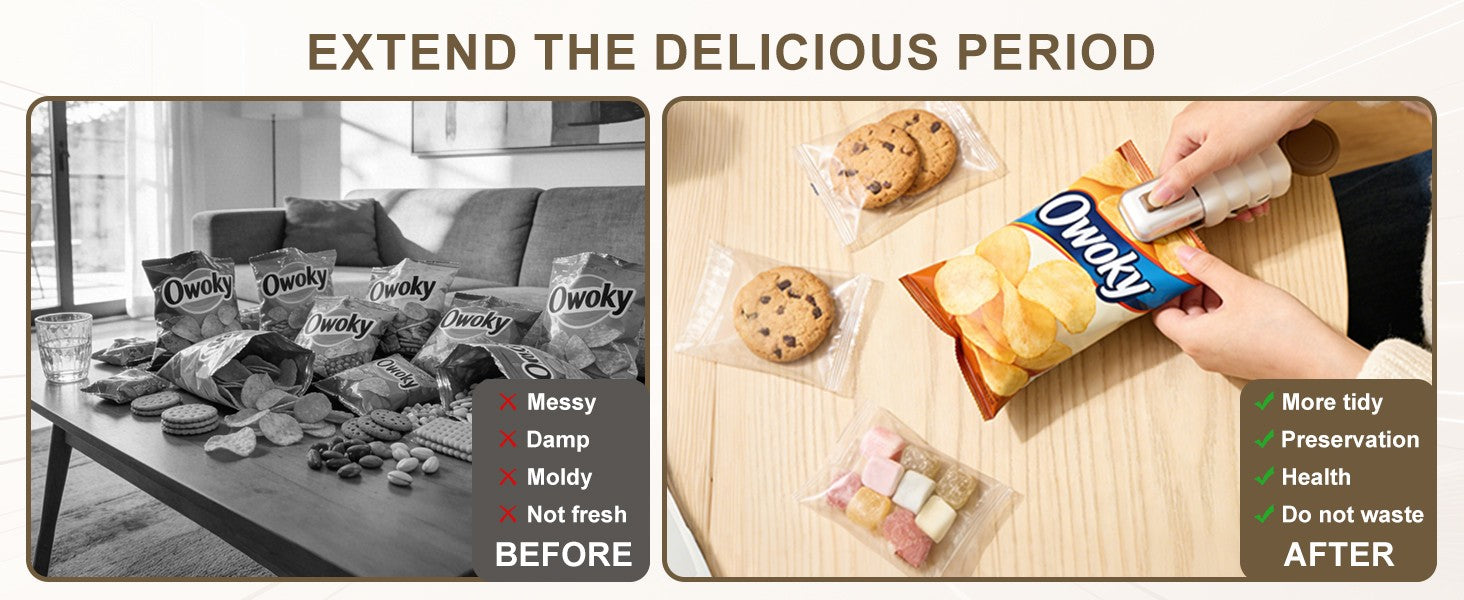 Before and after comparison of opened and resealed snack bags