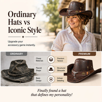 🤠50% OFF NOW ! 🌟Vintage Wide Brim Cowboy Hat with Strap – Distressed Western Fedora with Metal Decor, All-Season Sun Hat for Men & Women