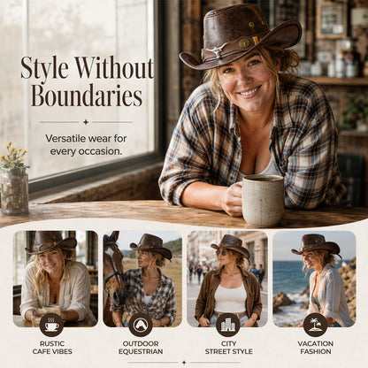 🤠50% OFF NOW ! 🌟Vintage Wide Brim Cowboy Hat with Strap – Distressed Western Fedora with Metal Decor, All-Season Sun Hat for Men & Women