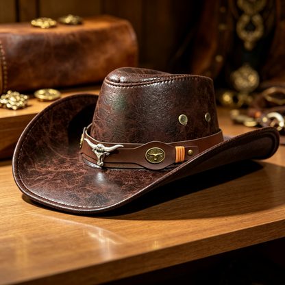 🤠50% OFF NOW ! 🌟Vintage Wide Brim Cowboy Hat with Strap – Distressed Western Fedora with Metal Decor, All-Season Sun Hat for Men & Women