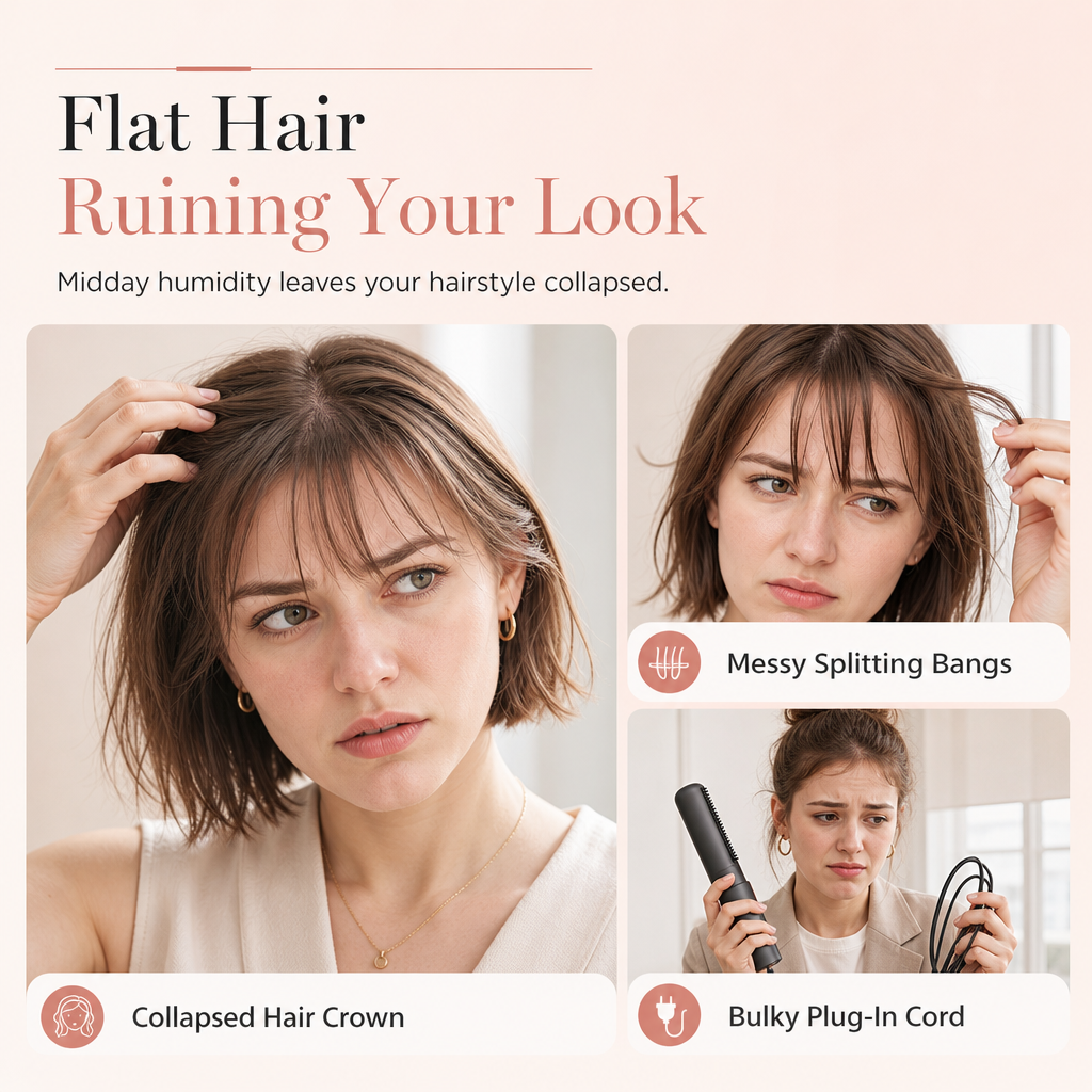 🔥50% OFF NOW!💇 Add Crown Volume Instantly! Cordless Heated Bangs Styling Comb, Portable Rechargeable Mini Hot Brush for Travel Hair Styling