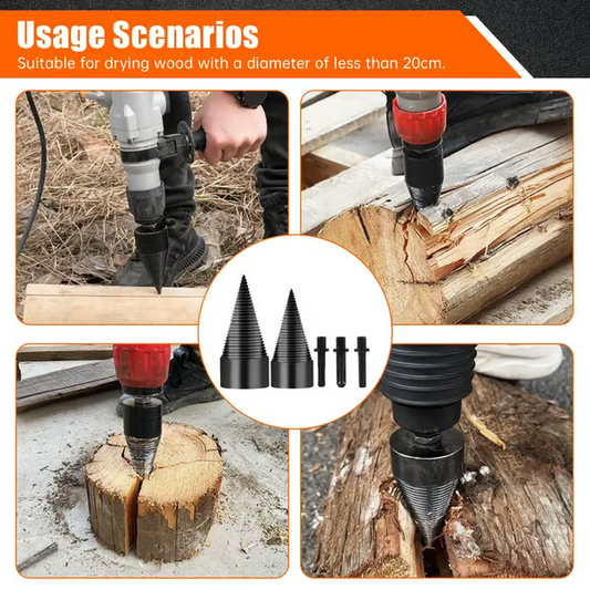 Wood log splitter drill bit with 5 shank adapters and split log